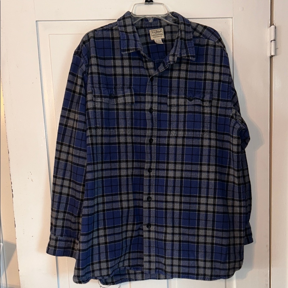 LL Bean Men's Plaid Long Flannel Sleeve Shirt Blue Black Gray XXL Work Outdoor